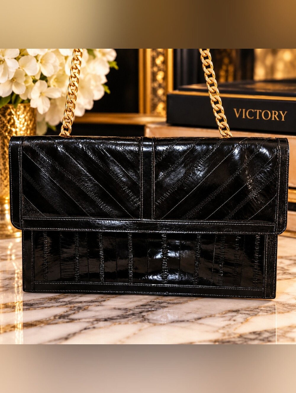 Victory Black Quilted Chain-Handle Shoulder Bag/Clutch 100% Eel Skin EUC